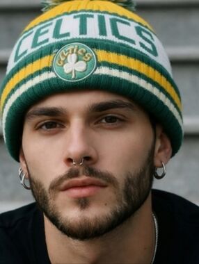 Boston Celtics Striped Knit Pom Beanie in Green and Yellow